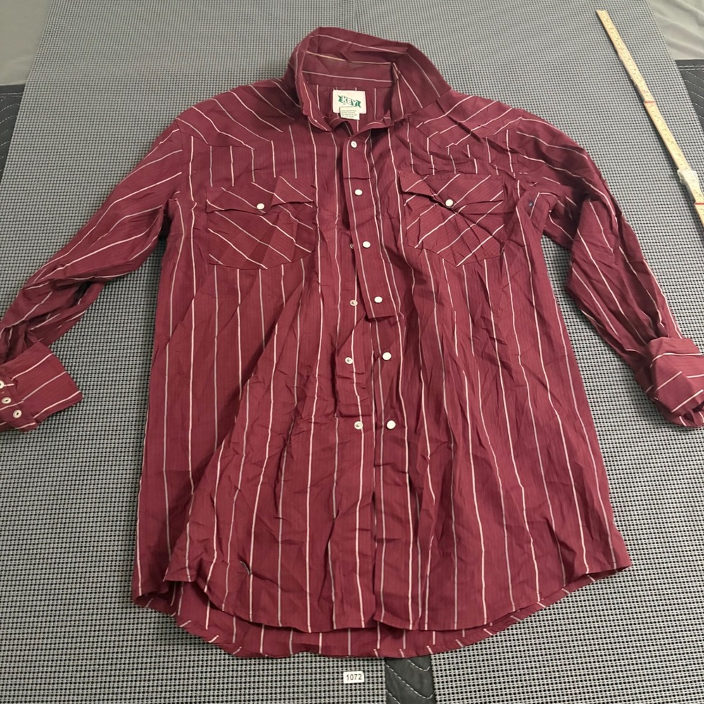 Vintage Key Mens L Maroon Pinstripe Western Pearl Snap Long Sleeve Shirt